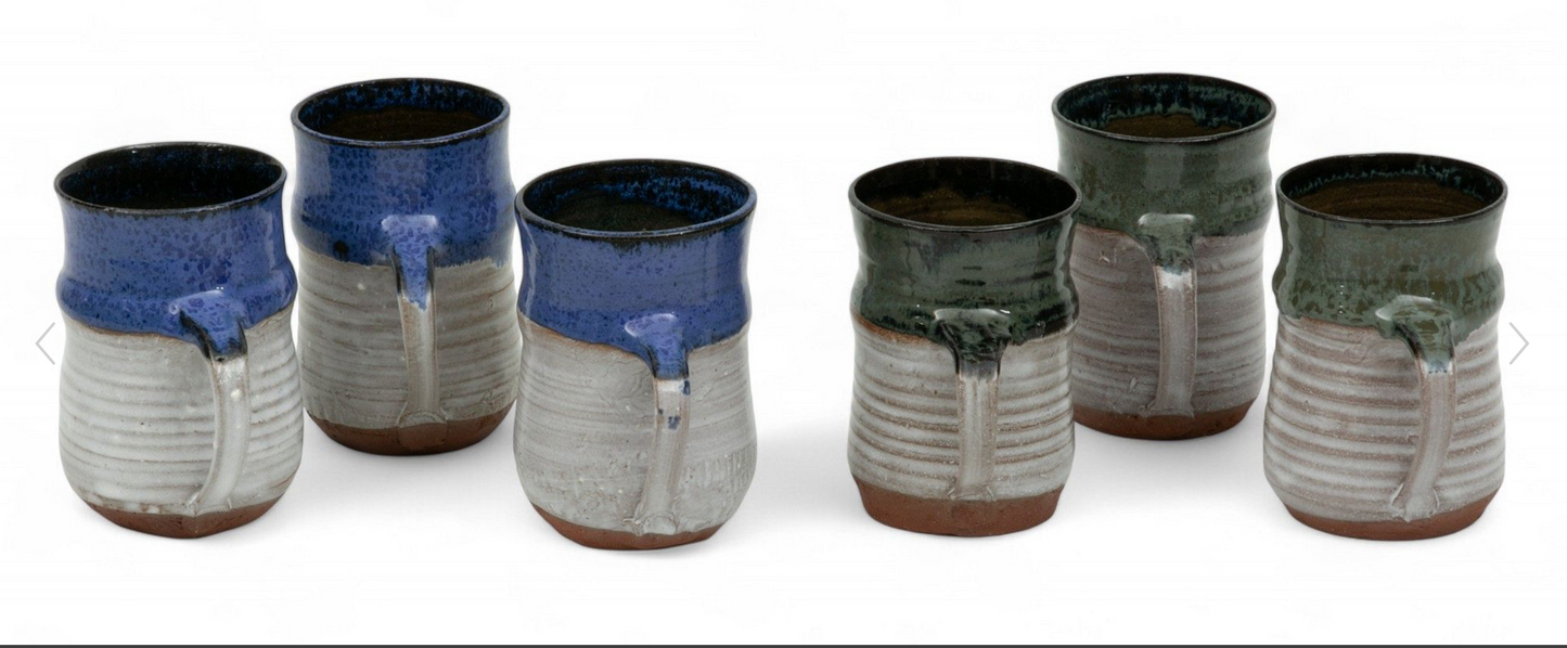 Blue or green S. Davis Raku Pottery Mugs H 4" Dia. 3.5"