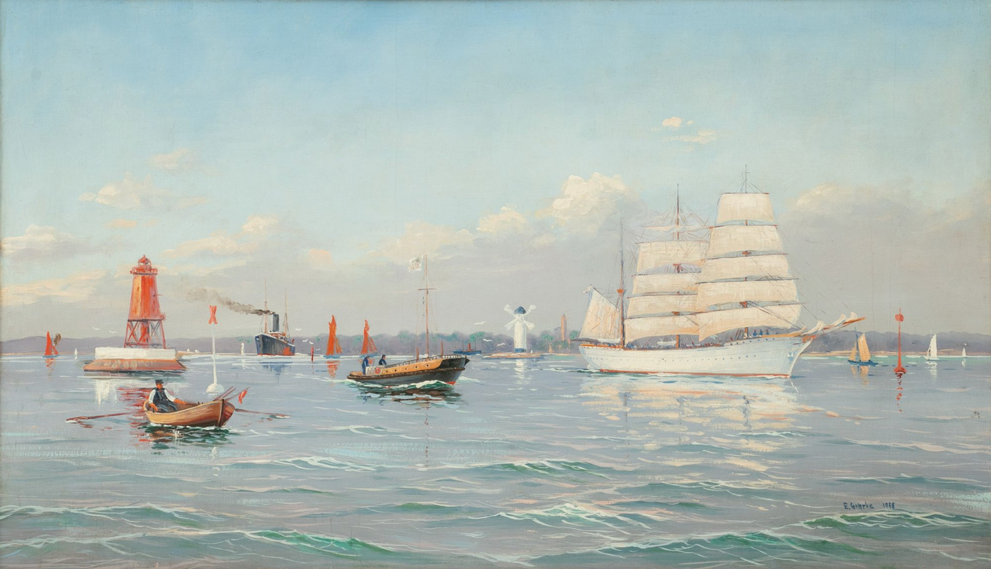 'Harbor Approach', original by E. Gehrke (German, 20th C.) Painting, Oil on Board, Ca. 1938