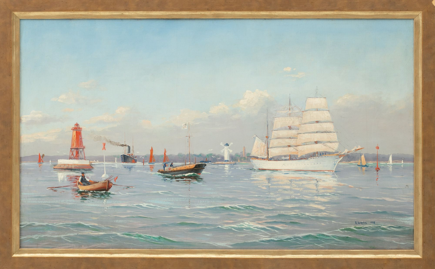 'Harbor Approach', original by E. Gehrke (German, 20th C.) Painting, Oil on Board, Ca. 1938