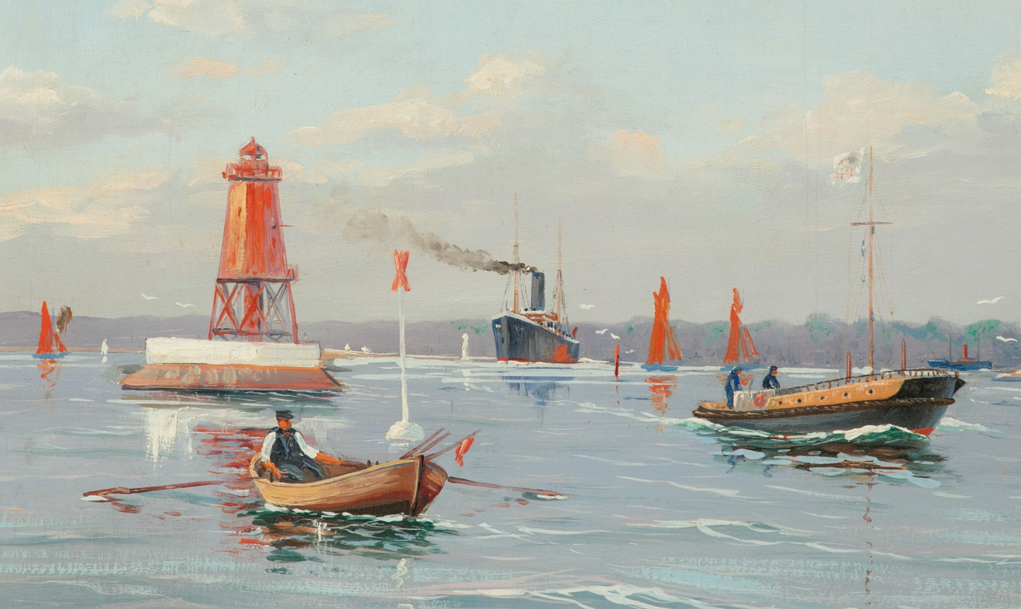 'Harbor Approach', original by E. Gehrke (German, 20th C.) Painting, Oil on Board, Ca. 1938