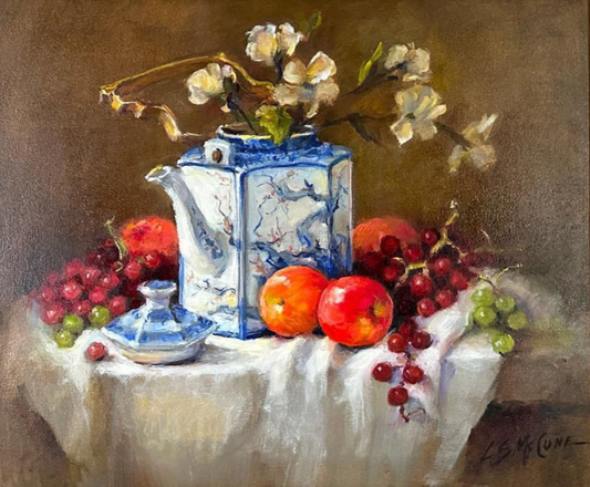 Fantastic Vintage Still Life painting with Fruit and Flowers and Japanese Teapot