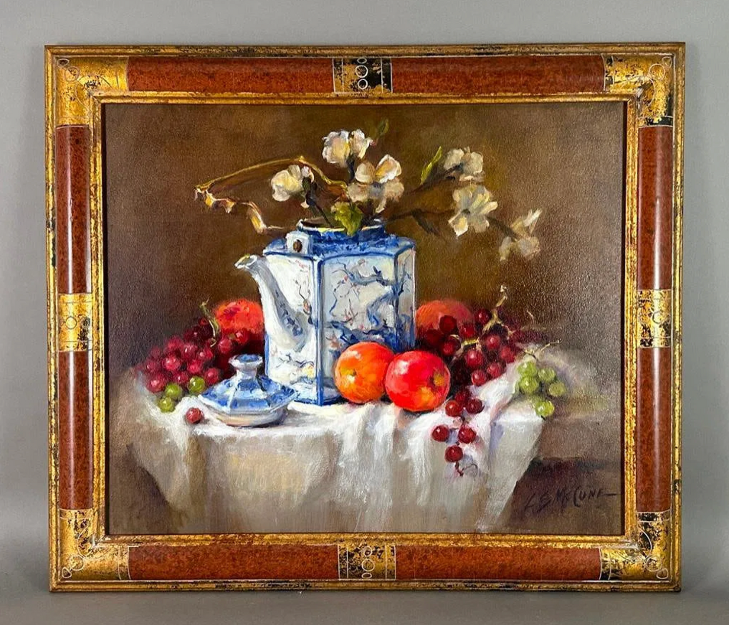 Fantastic Vintage Still Life painting with Fruit and Flowers and Japanese Teapot