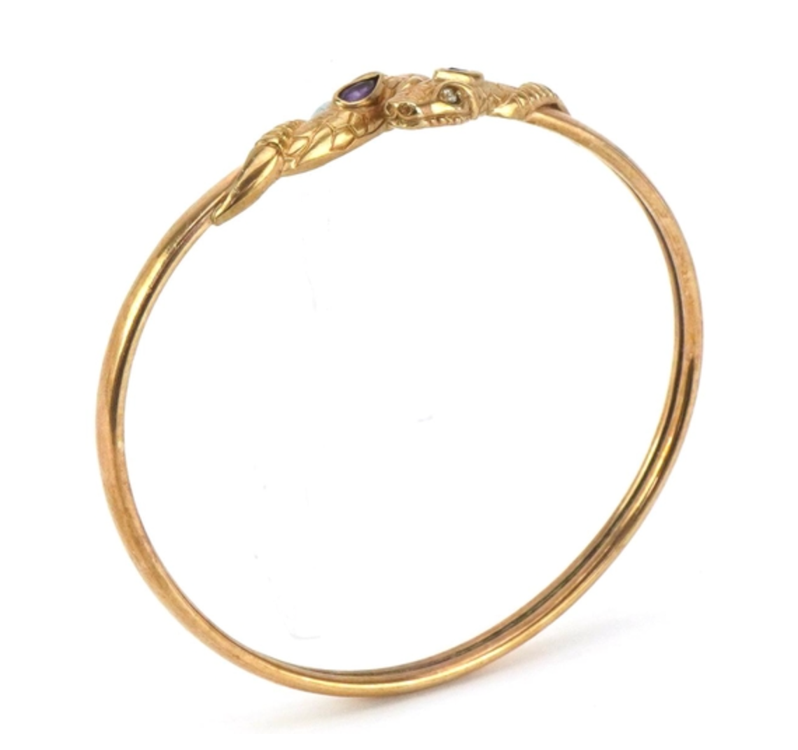 Stunning Antique gold bangle snake heads with amethyst and clear stones 9k, 9.5g
