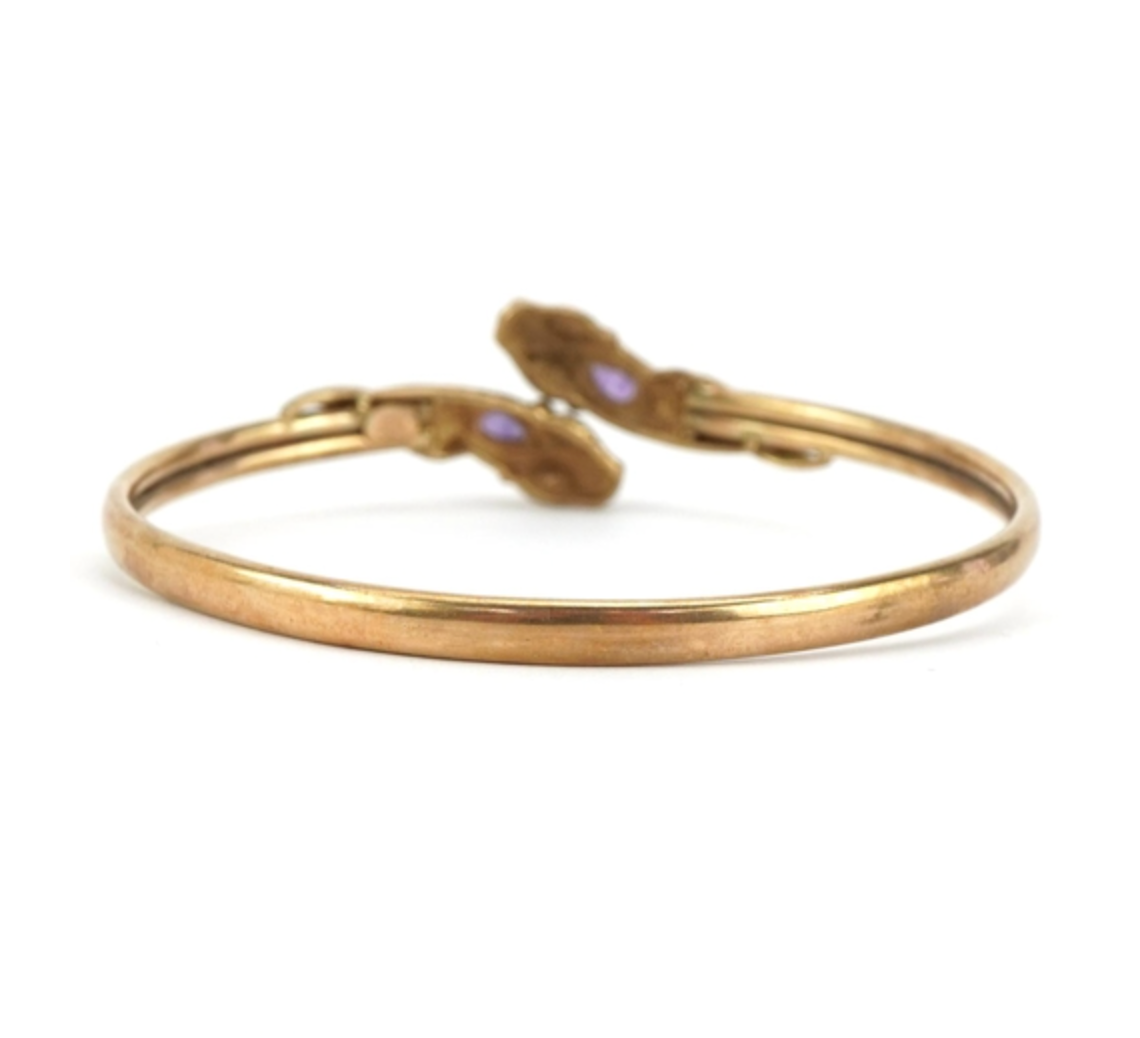 Stunning Antique gold bangle snake heads with amethyst and clear stones 9k, 9.5g