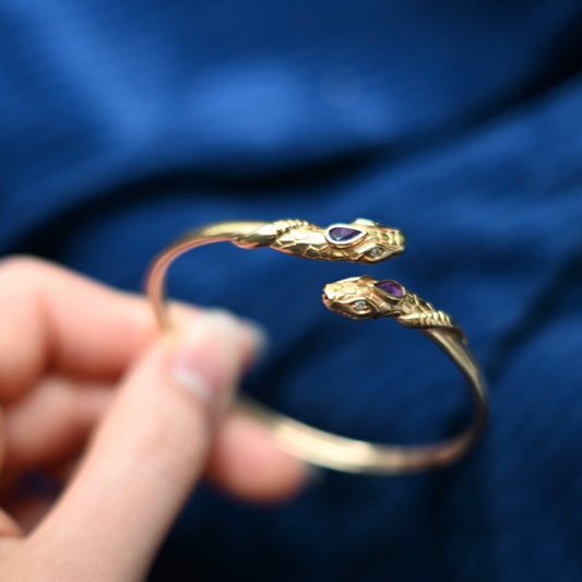 Stunning Antique gold bangle snake heads with amethyst and clear stones 9k, 9.5g