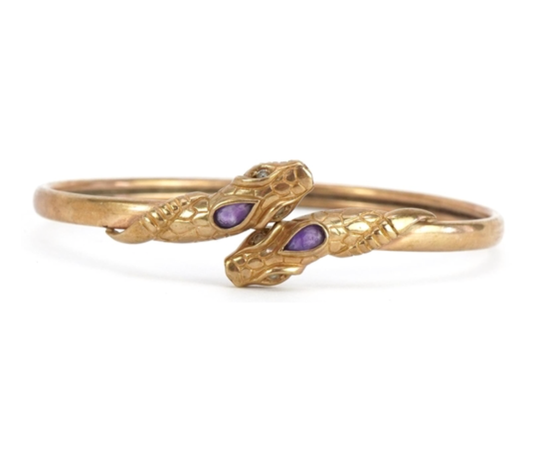 Stunning Antique gold bangle snake heads with amethyst and clear stones 9k, 9.5g